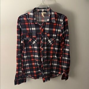 Bella D. Navy and Red Plaid Button-Down Shirt